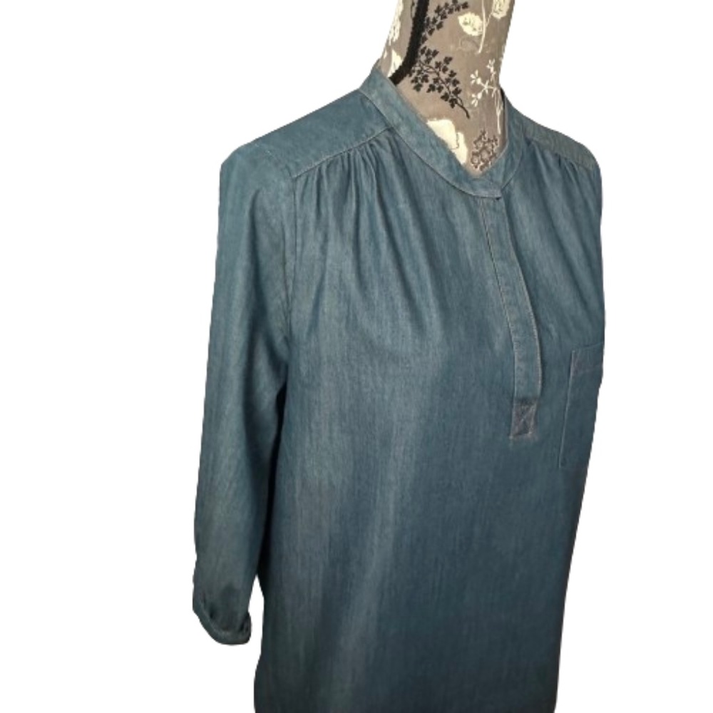 Pleione Women's Small Blue Denim 3/4 Sleeves Pull Over Blouse Tunic Shirt Top - Picture 3 of 16